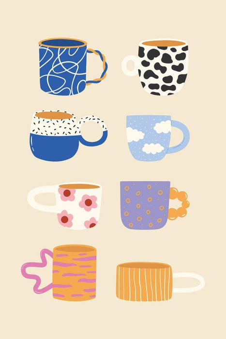 Tableau  Tasses en céramique colorées magnifiquement décorées