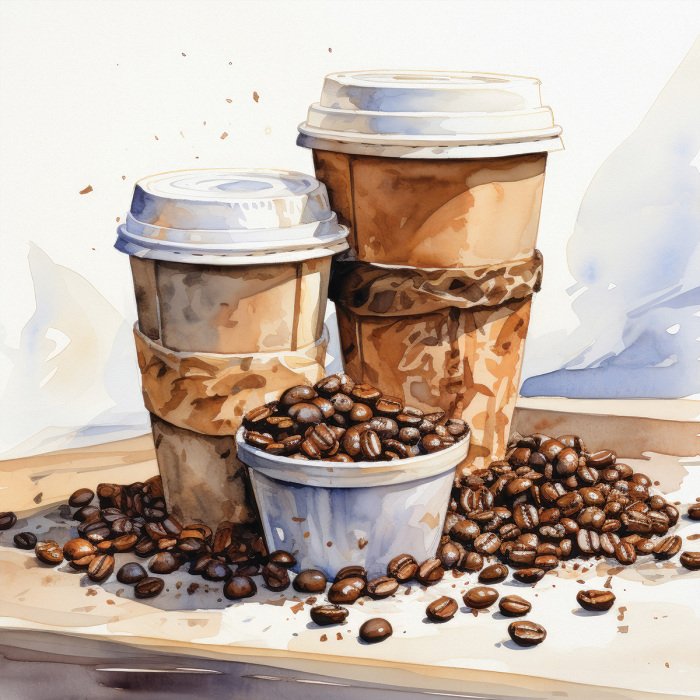 Tableau  Gobelets en carton contenant du café chaud parmi les grains de café.