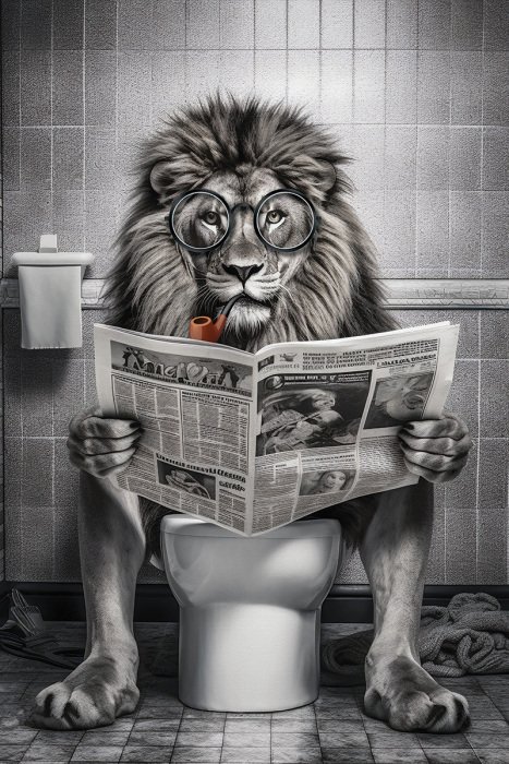 Tableau  Tableau surréaliste représentant un lion sur des toilettes avec un journal