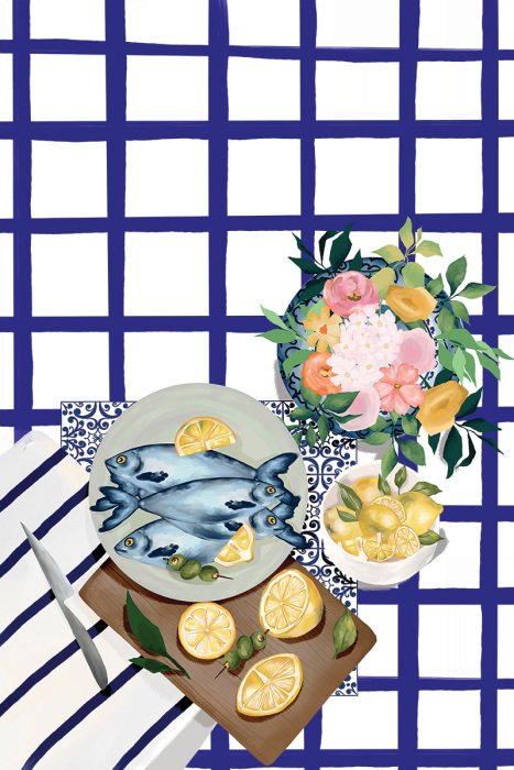 Tableau  Un arrangement coloré de poissons avec des tranches de citron et des fleurs