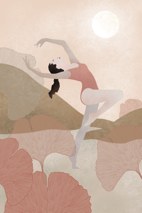 Poster  Une danseuse gracieuse se détachant sur le fond des montagnes et du soleil