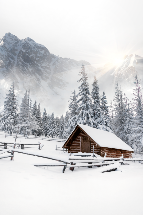 Poster  Une maison de montagne au milieu de la neige et du brouillard