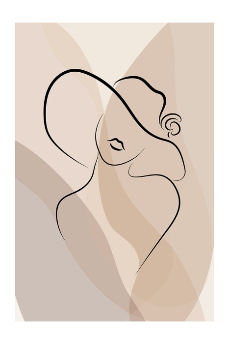 Poster  Un croquis linéaire subtil de la silhouette d'une femme portant un chapeau.