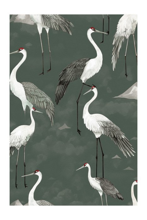 Poster  Grues blanches symboliques sur fond vert de nature
