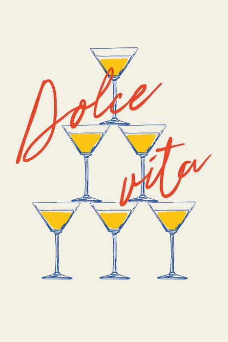 Poster  Une tour de verres remplis de boissons se détache sur un fond d'inscriptions artistiques.