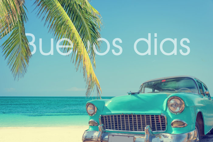 Poster  Voiture rétro et plage des Caraïbes avec palmiers