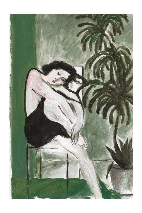 Poster  Portrait de femme en vert peint sur fond naturel