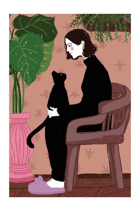 Poster  Une femme se détend avec son chat sur une chaise