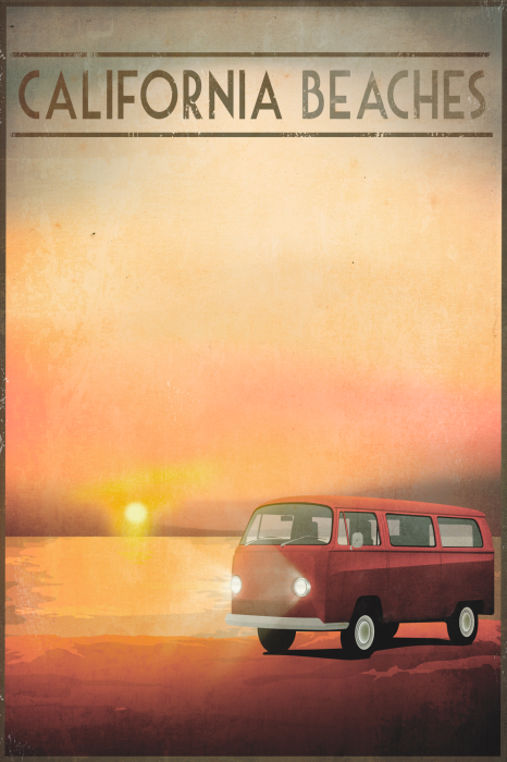Poster  Une voiture rouge sur fond de coucher de soleil