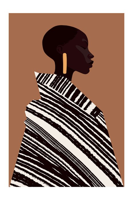 Poster  Une femme élégante portant un manteau rayé sur un fond chaud