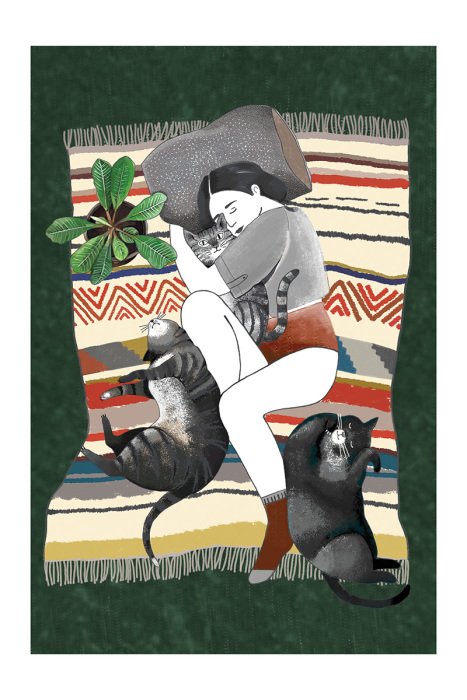 Poster  Femme avec des chats sur une couverture douce