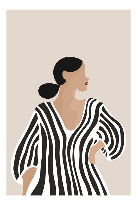 Poster  Silhouette artistique d'une femme portant une robe à rayures géométriques