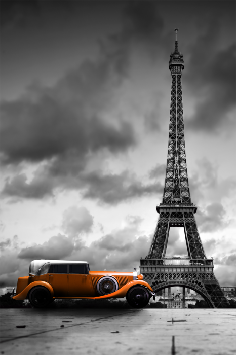 Poster  Paris sous la pluie avec une voiture rétro
