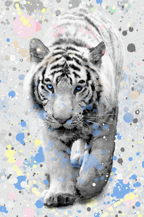 Poster  Un tigre blanc sur un fond de taches colorées