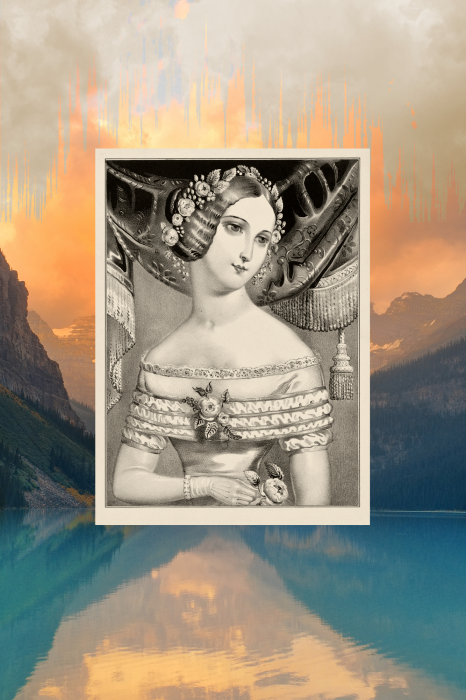 Poster  Portrait d'une femme sur fond de montagnes au coucher du soleil