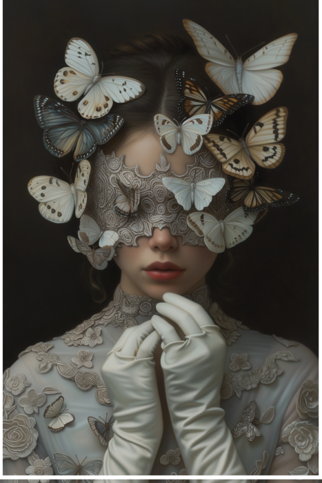 Poster  Portrait d'une femme parmi des papillons blancs et beiges