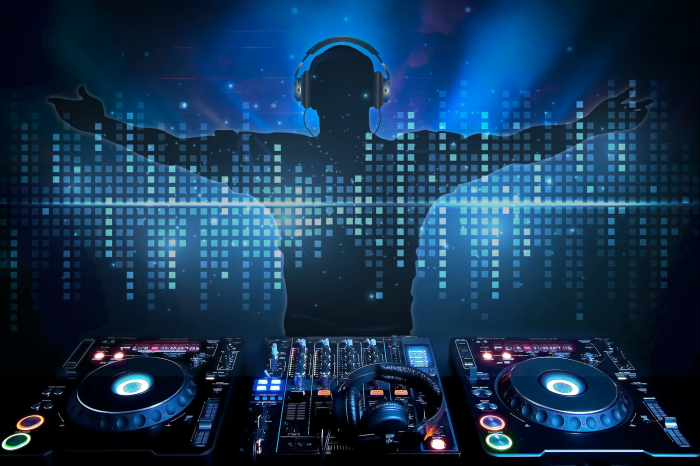 Poster  Silhouette d'un DJ avec son matériel installé