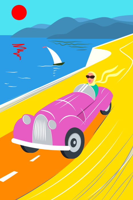 Poster  Femme dans une voiture rose au bord de la côte