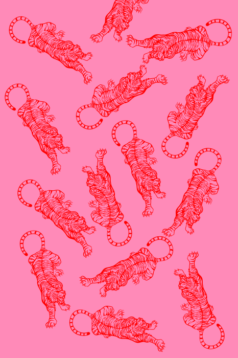 Poster  Un motif répétitif de tigres rouges sur fond rose