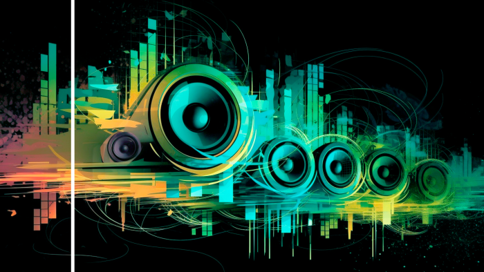 Poster  Haut-parleurs verts et jaunes dans un style abstrait