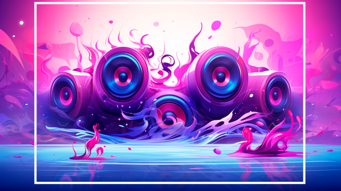 Poster  Ensemble d'enceintes avec des graphismes roses et bleus