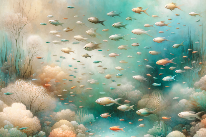 Poster  Récif corallien aux teintes pastel et poissons dans l'océan