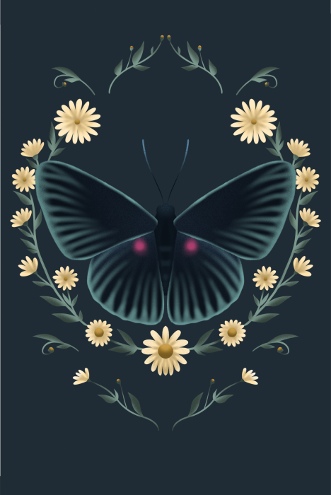 Poster  Papillon sombre dans un cadre floral