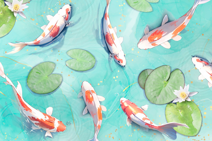 Poster  Illustration de carpes koï nageant dans un étang lumineux