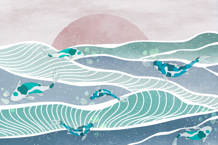 Poster  Motif japonais avec des carpes koï et des vagues