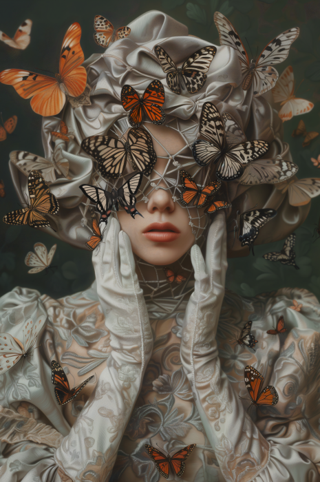 Poster  Une femme parmi des papillons dans une composition artistique