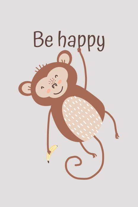 Poster  Un petit singe brun tenant une banane avec le slogan « Sois heureux »