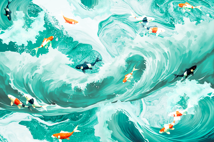 Poster  Des carpes koï nageant dans une eau turquoise