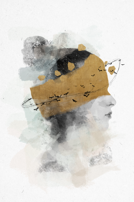 Poster  Une image subtile d'un visage sur fond brumeux