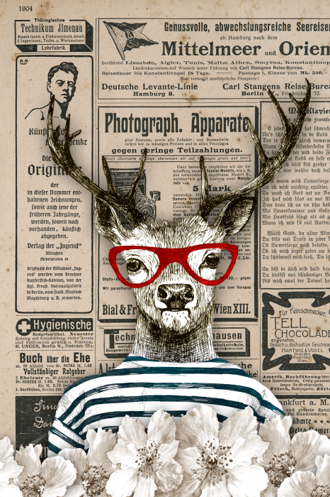 Poster  Portrait d'un cerf portant des lunettes sur fond de journal