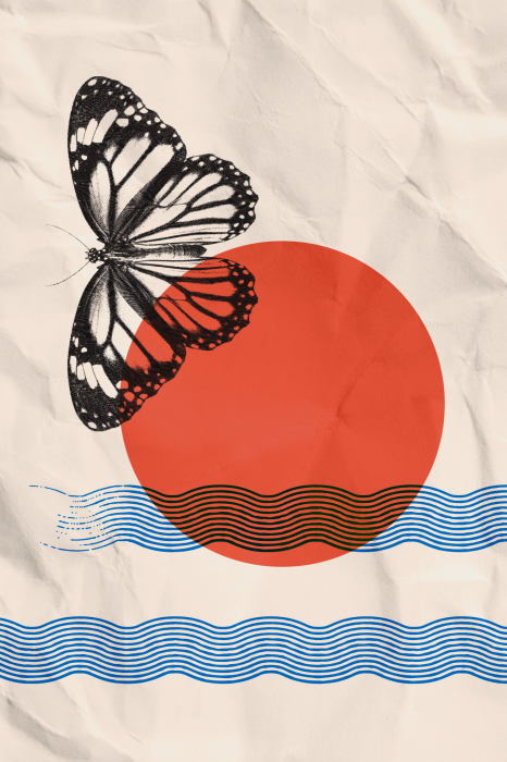 Poster  Un papillon noir sur un fond de vagues et de soleil rouge.