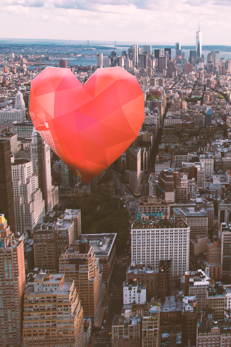 Poster  Un cœur flottant au-dessus des bâtiments de la ville
