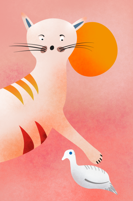 Poster  Illustration rose avec un chat et un petit oiseau