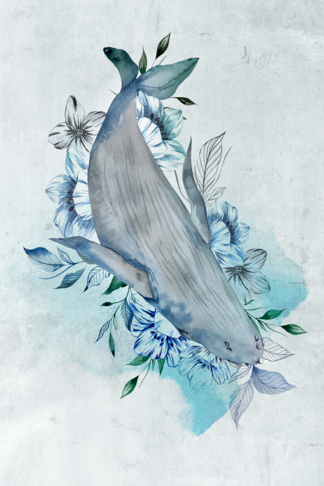 Poster  Composition à l'aquarelle avec une baleine et des fleurs bleues