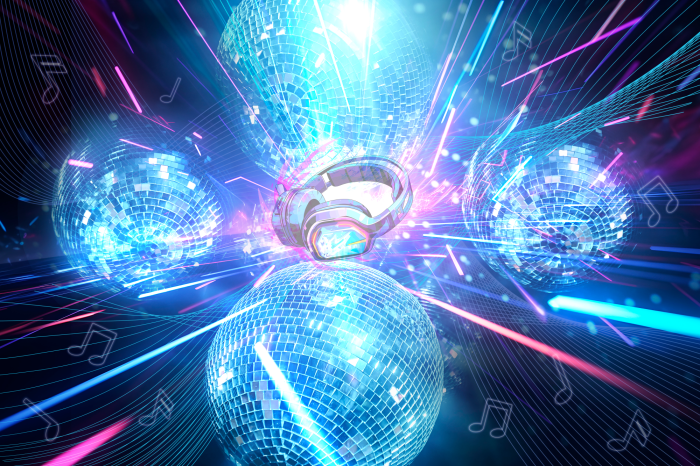 Poster  Casque audio et boules disco sous des néons