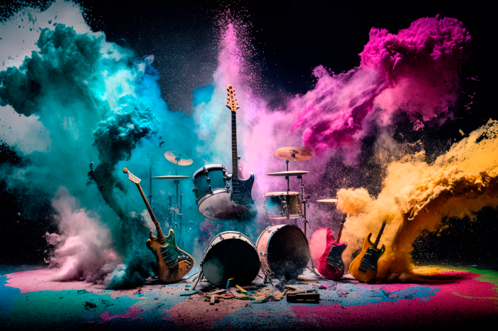 Poster  Instruments de rock dans une explosion de couleurs