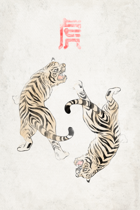 Poster  Illustration de style asiatique représentant une paire de tigres