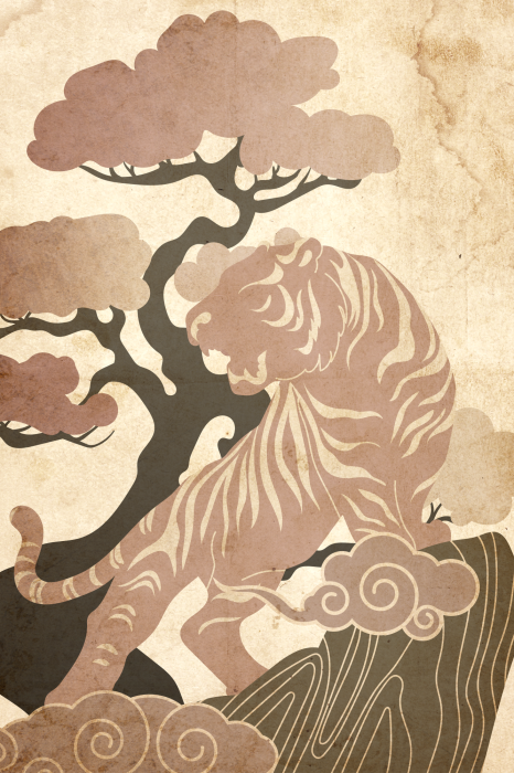 Poster  Illustration beige d'un tigre dans un style oriental