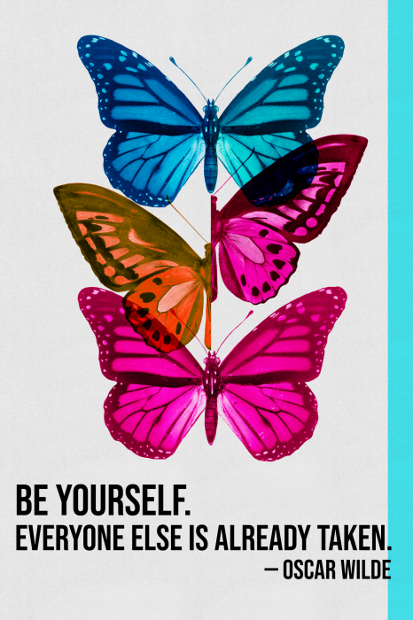 Poster  Des papillons colorés disposés verticalement et une citation