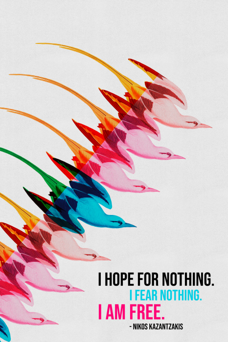 Poster  Une citation de Nikos Kazantzakis accompagnée de silhouettes d'oiseaux colorées