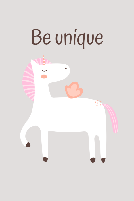 Poster  Illustration d'une licorne blanche avec le slogan « Sois unique »