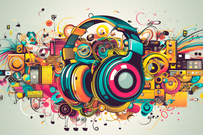 Poster  Casque audio dans une composition graphique multicolore