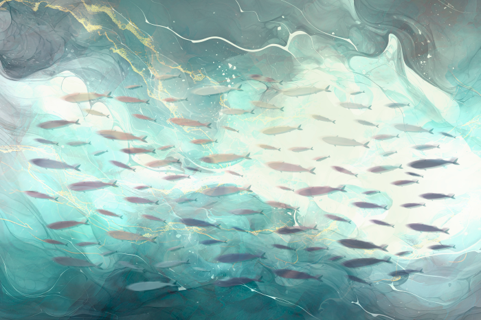 Poster  Motif abstrait marbré représentant un banc de poissons