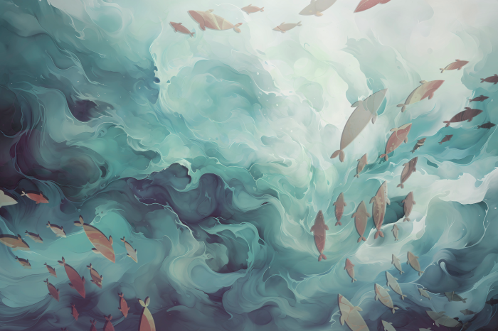 Poster  Un tableau de poissons dans un océan tourbillonnant