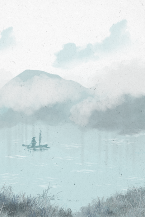 Poster  Une illustration délicate d'un bateau sur un lac de montagne