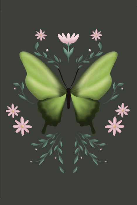 Poster  Un papillon vert clair dans un arrangement floral